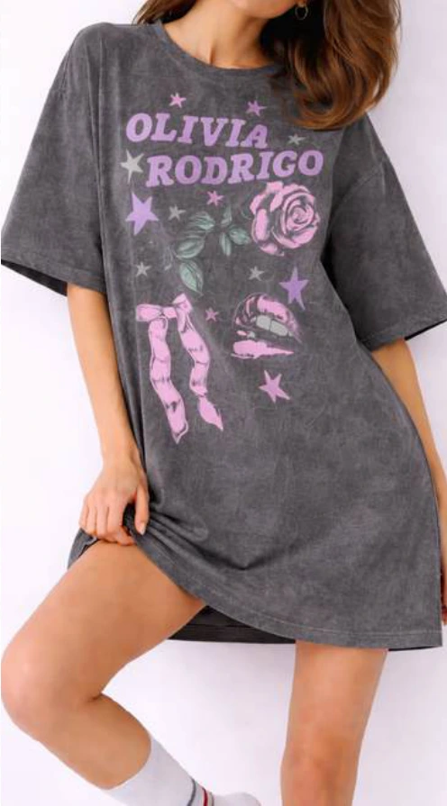 Olivia Rodrigo charcoal sleep shirt with purple artwork.