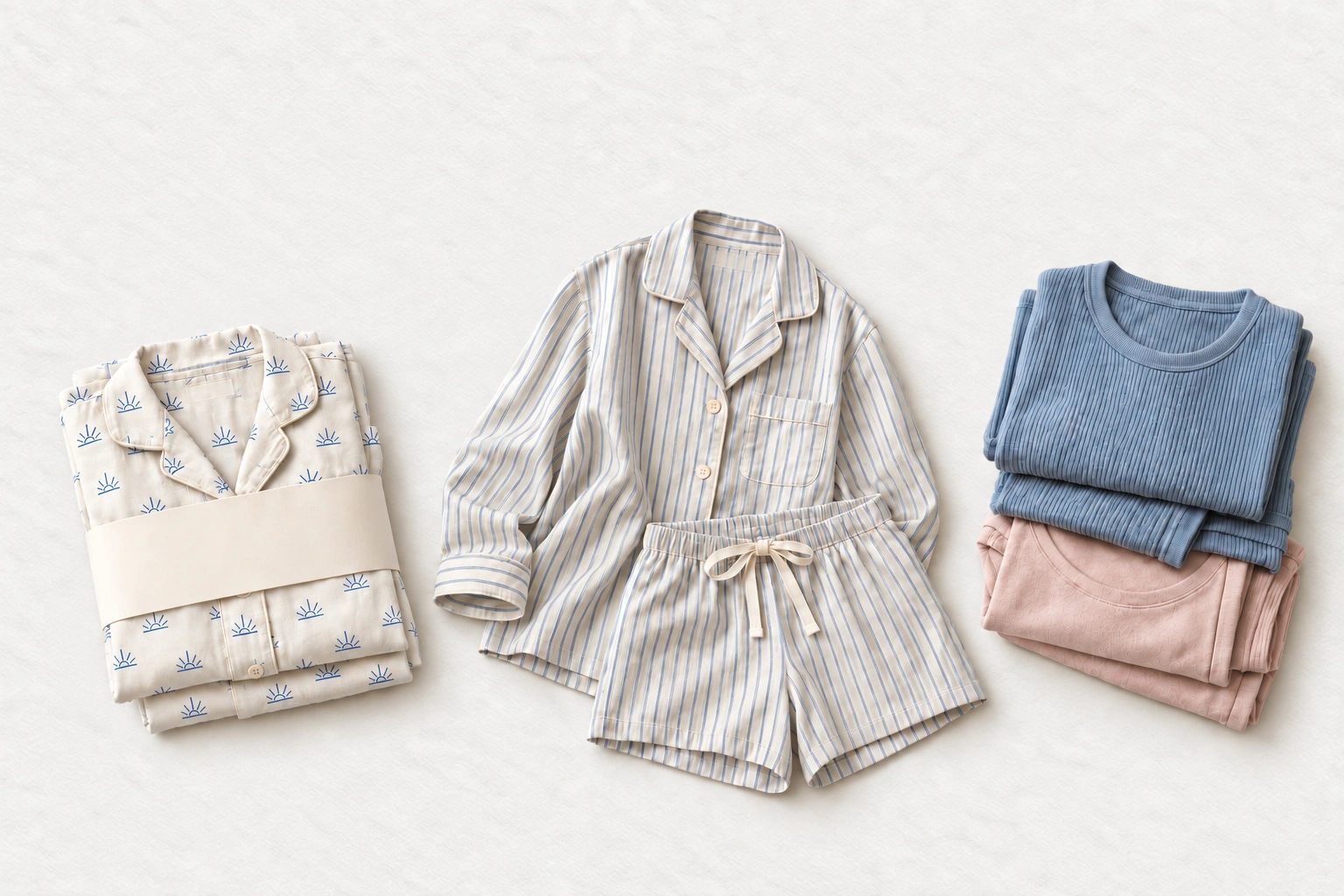 A coordinated assortment of sunrise-print folded pajamas, a striped short set, and blue and blush rib separates.