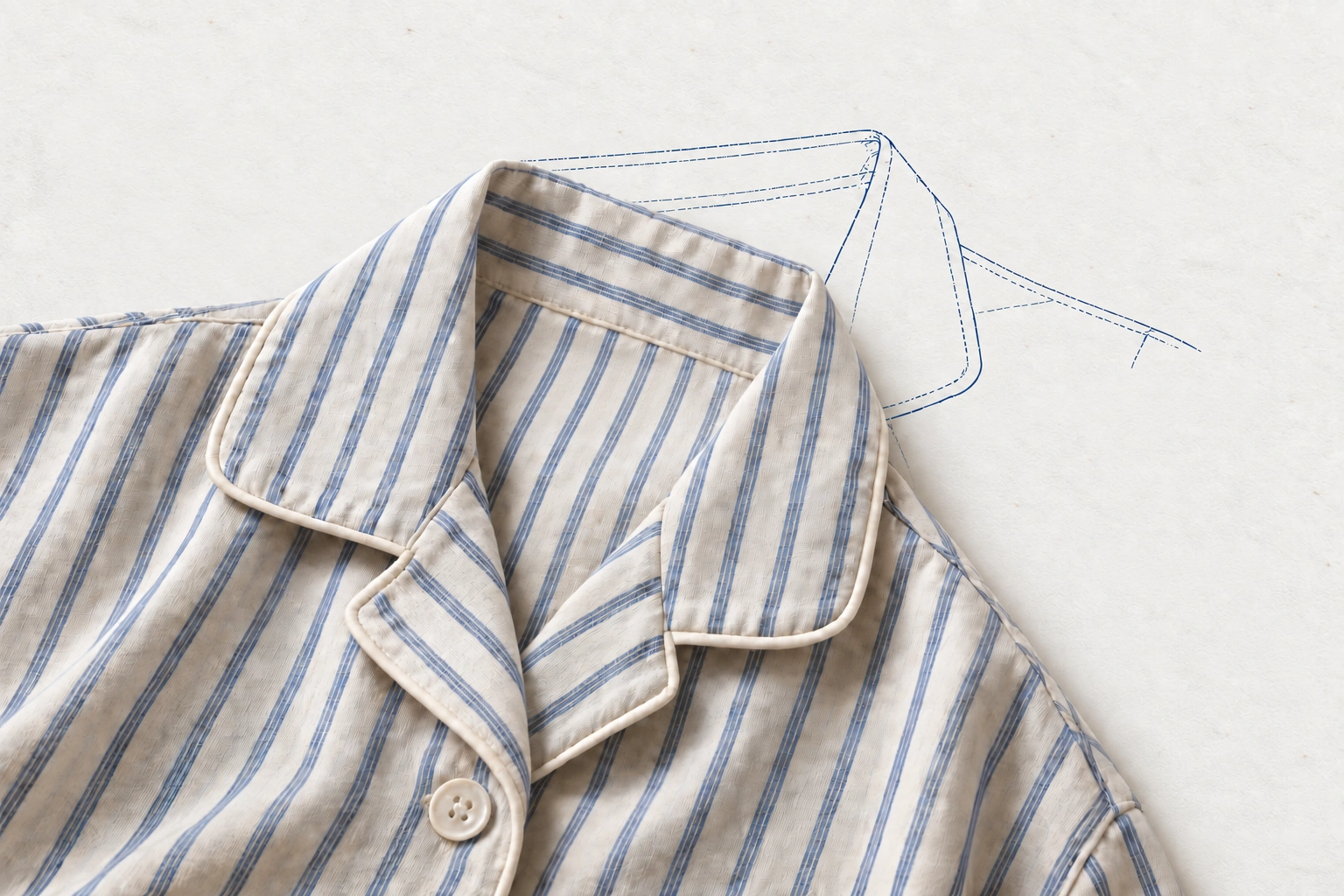A close view of the striped shirt's soft fabric, piped collar and ivory buttons.