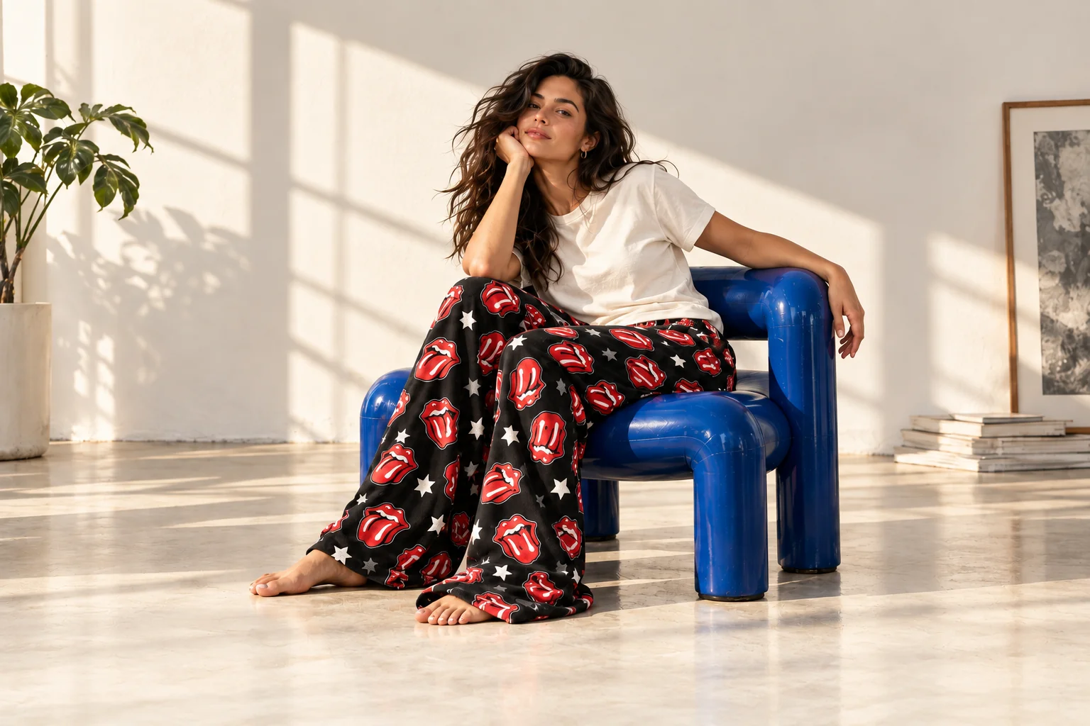 Editorial image of a woman in printed lounge pants seated in a cobalt blue chair.