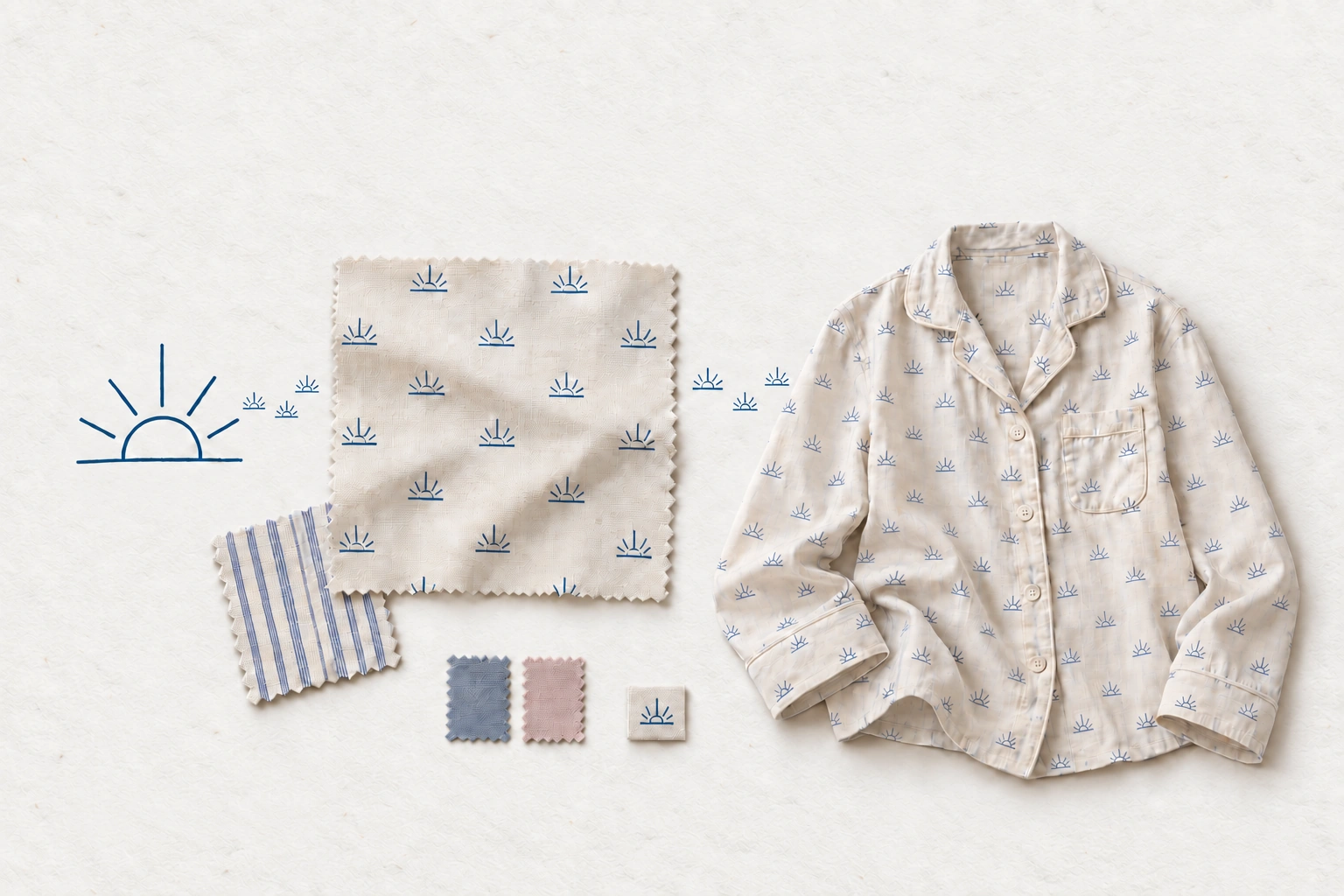 Original blue sunrise artwork becomes a printed fabric swatch, trims and a coordinated pajama shirt.