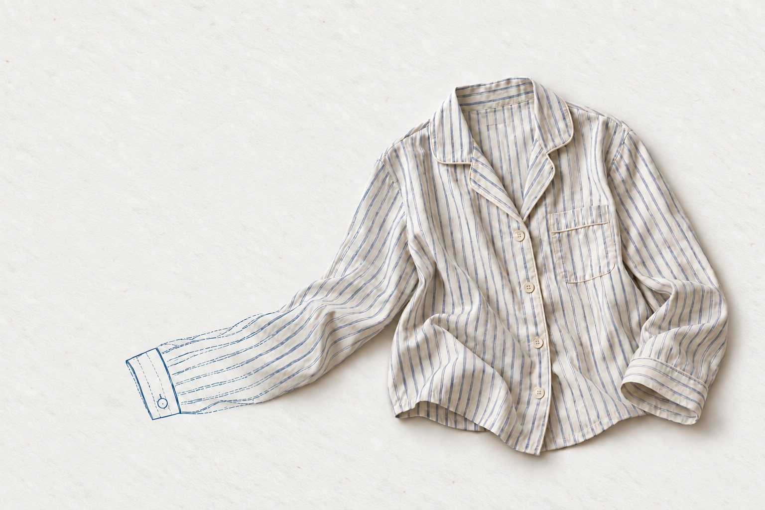 A softly draped striped pajama shirt, its left sleeve becoming a blue-pen drawing on paper.